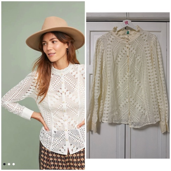 By Anthropologie Tops - By Anthropologie Cream Lace Knit Ruffled Button Up Blouse Victorian Peasant 22W